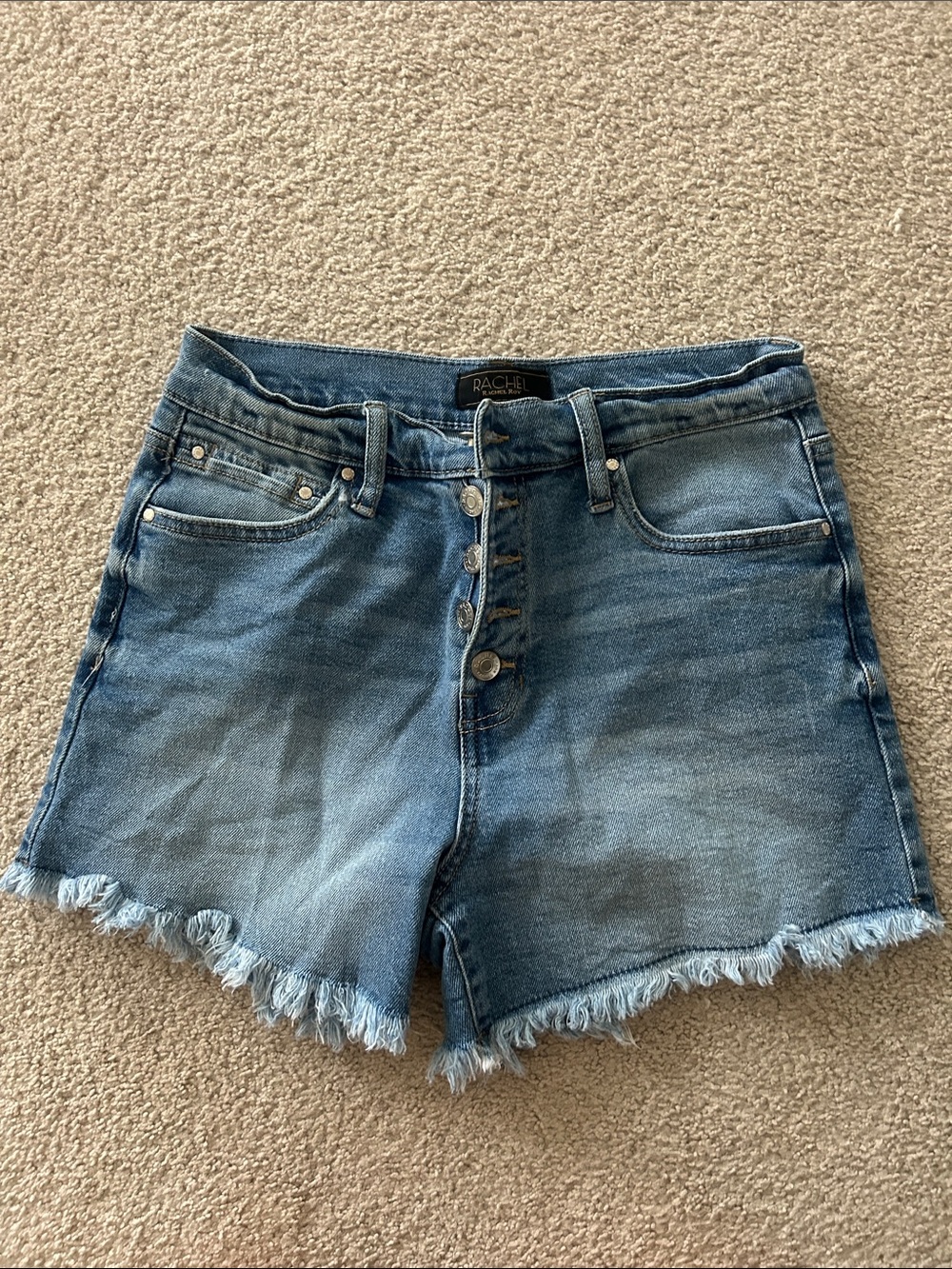 RACHEL Medium Blue Denim Button-Front Frayed Hem Shorts